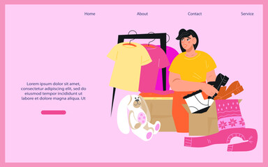 Garage sale or charitable collection of clothes and used items concept for website, flat vector illustration.