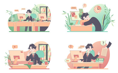 Daily routine of a japanese man set. Modern clerk working, spending