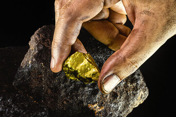 gold nugget in a miner's hand, hidden gold stone © RHJ
