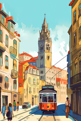 Illustration of a portuguese city with a tram, Portugal - obrazy, fototapety, plakaty