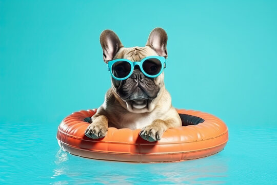 Photo of a cool dog enjoying summer on an inflatable ring with sunglasses