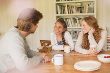 Family drinking tea and talking at dining table