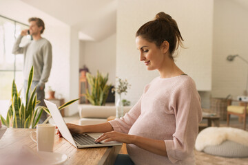 Pregnant woman using laptop at dining table