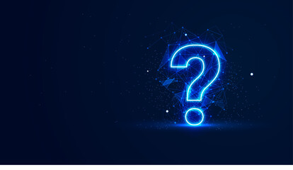 Futuristic glowing question mark with plexus lines and glitter particles. A question mark in the neon light style. 3D abstract copy space in the night view. Digital technology background