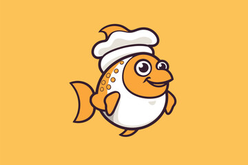 Cute goldfish in chef hat and white chef hat. Vector illustration.
