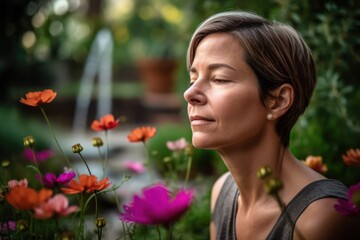 Naklejka premium Portrait of a beautiful young woman smelling flowers in the garden. Generative AI