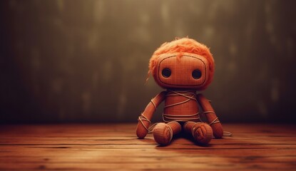 Illustration of sad looking doll sitting on the ground next to a wall created with Generative AI technology