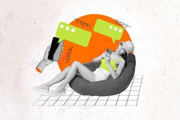 Photo collage download messenger advert woman lying pouf dialogue answer notification telegram...