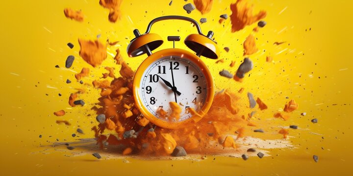 Exploding alarm clock on yellow background, concept of Time management, created with Generative AI technology