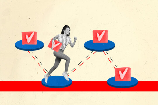 Collage photo banner motivation concept of run business lady achieve progress complete tasks checkmark deal isolated on beige background