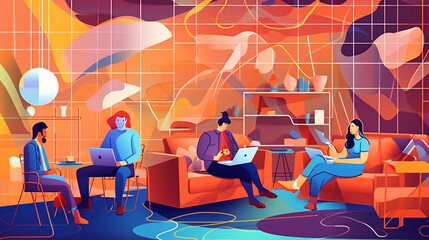 abstract illustration of people coworking in a modern office space - obrazy, fototapety, plakaty