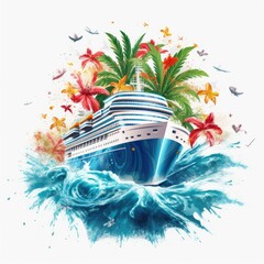 Cruise ship, vector design for t-shirt, splashes and waves, bright tropical design, california, miami