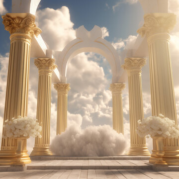 Entrance to paradise clouds sun and sky in doorway stairway to heaven. Heavens gate to heaven end of life stairway to heaven religious background. Realistic 3D illustration. Generative AI