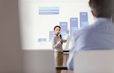 Businesswoman microphone speaking at projection screen bar chart