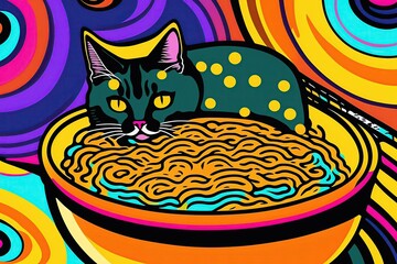 Cat Eating Ramen Vivid Illustration