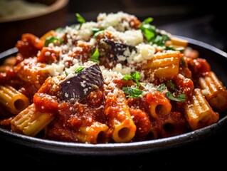 Fototapeta premium Pasta alla Norma with perfectly cooked pasta, rich tomato sauce, fried eggplant, and topped with grated ricotta salata