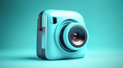 Turquoise polaroid camera isolated on turquoise background, generative AI.