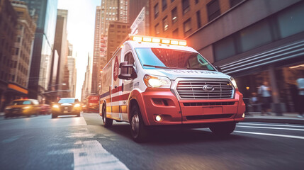 Ambulance rescue van on highway. Ambulance Vehicle Truck. Ambulance Driver. Medical truck with red emergency lights