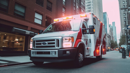 Ambulance rescue van on highway. Ambulance Vehicle Truck. Ambulance Driver. Medical truck with red emergency lights