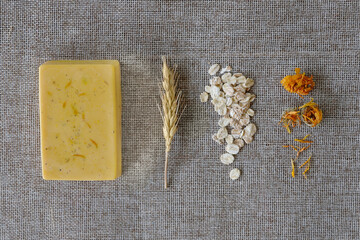Natural handmade soap with dry calendula (pot marigold). Natural and zero waste cosmetics...