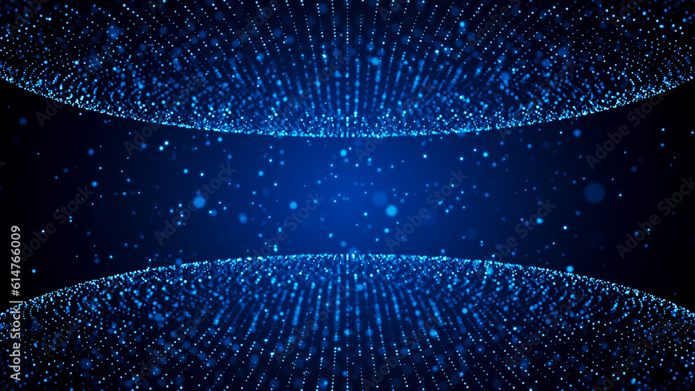 Poster abstract space blue shiny blurry focus top and bottom semi ellipsoidal geometric dots lines border f