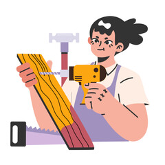 Female carpenter holding wooden plank. Wooden furniture maker