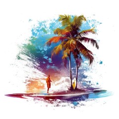 Palm trees, vector design for t-shirt, splashes and waves, bright tropical design, california, miami