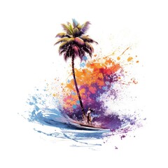 Tree, vector design for t-shirt, splashes and waves, bright tropical design, california, miami