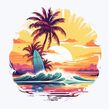 Sunset, vector design for t-shirt, splashes and waves, bright tropical design, california, miami