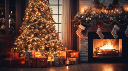 Interior christmas. magic glowing tree, fireplace, and gifts
