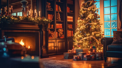 Fototapeta na wymiar Interior christmas. magic glowing tree, fireplace, and gifts