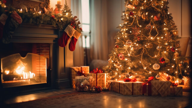 Interior christmas. magic glowing tree, fireplace, and gifts