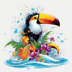 Naklejka premium Tucan bird, vector design for t-shirt, splashes and waves, bright tropical design, california, miami