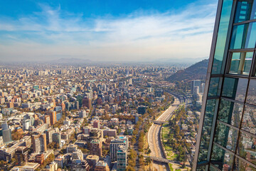 Fototapeta na wymiar city skyline Chile, view of the santiago buildings and the mapocho river