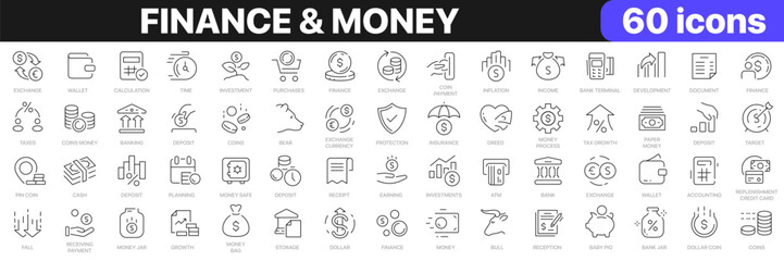 Finance and money line icons collection. Banking, pay, coin, cash icons. UI icon set. Thin outline icons pack. Vector illustration EPS10