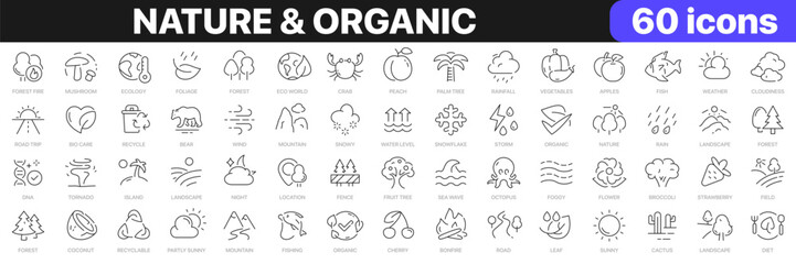 Nature and organic line icons collection. Weather, forest, fruits, animals icons. UI icon set. Thin outline icons pack. Vector illustration EPS10
