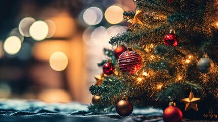 A christmas tree with a star and red ornaments