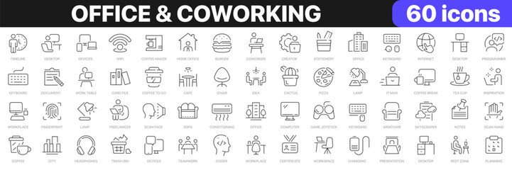 Office and coworking line icons collection. Workplace, workspace, teamwork, fast food icons. UI icon set. Thin outline icons pack. Vector illustration EPS10