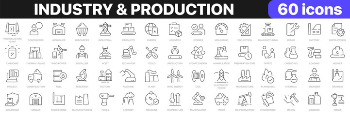 Industry and production line icons collection. Factory, plant, manufacture, tools icons. UI icon set. Thin outline icons pack. Vector illustration EPS10