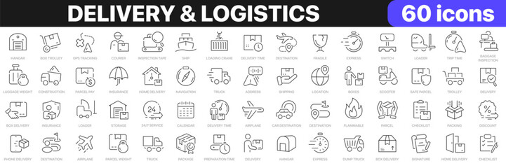 Delivery and logistics line icons collection. Fast delivery, parcel, box delivery icons. UI icon set. Thin outline icons pack. Vector illustration EPS10