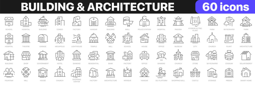 Building and architecture line icons collection. Bank, temple, office, factory, shop, hotel, hospital icons. UI icon set. Thin outline icons pack. Vector illustration EPS10