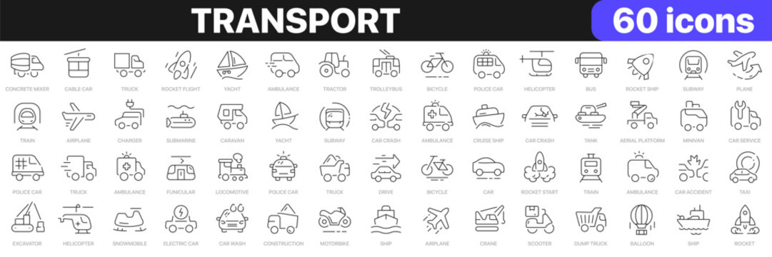 Transport line icons collection. Car, truck, ship, plane, bike, train icons. UI icon set. Thin outline icons pack. Vector illustration EPS10