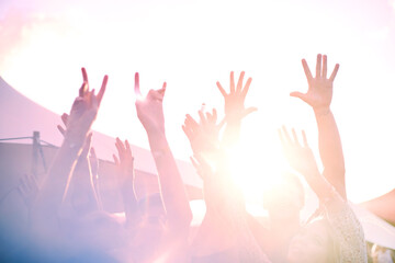 Arms raised cheering at sunny music festival