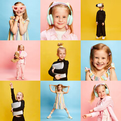 Collage made of portraits of little cute girl, child posing with different emotions against multicolored studio backgrounds