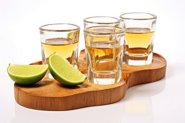 Gold tequila shot with lime isolated on white background