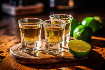Gold tequila shot with lime on rustic wooden table