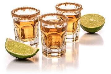 Gold tequila shot with lime isolated on white background