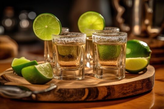 Gold tequila shot with lime on rustic wooden table