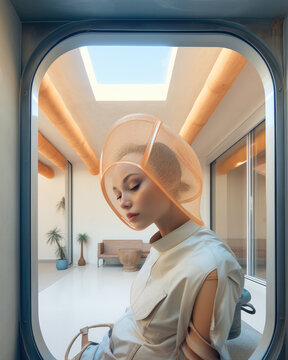 Close up of a futuristic woman in a luxury home. Generative AI