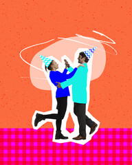 Happy, positive young couple, man and woman at party, dancing and having fun. Contemporary art...